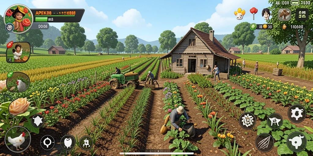 Gameplay APEK88 yang menampilkan aktivitas bertani dan menjaga kebun.