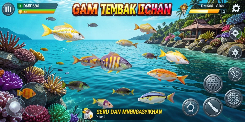 Tampilan gameplay DMD686 saat menembak ikan yang berwarna-warni.