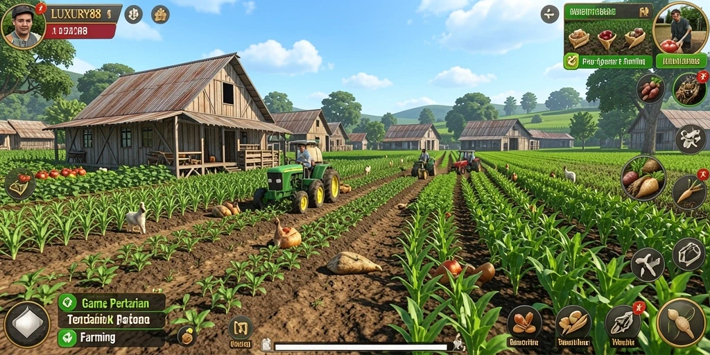 Gameplay seru di LUXURY88 dengan ladang yang subur dan tanaman beragam.