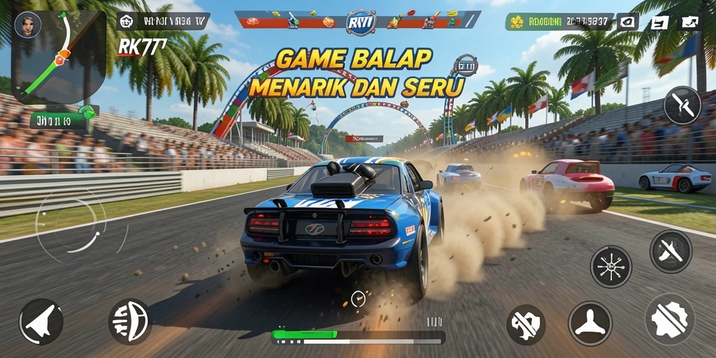 Gameplay balapan mendebarkan di RK77 dengan lintasan menantang.