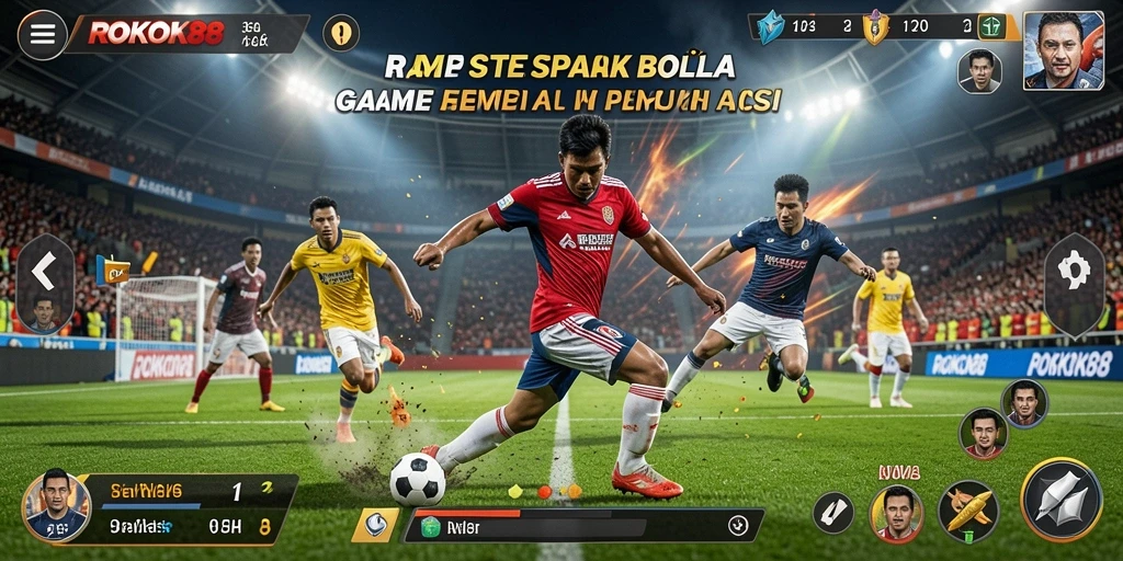 Tangkapan layar utama ROKOK88 menampilkan aksi seru di lapangan sepak bola.