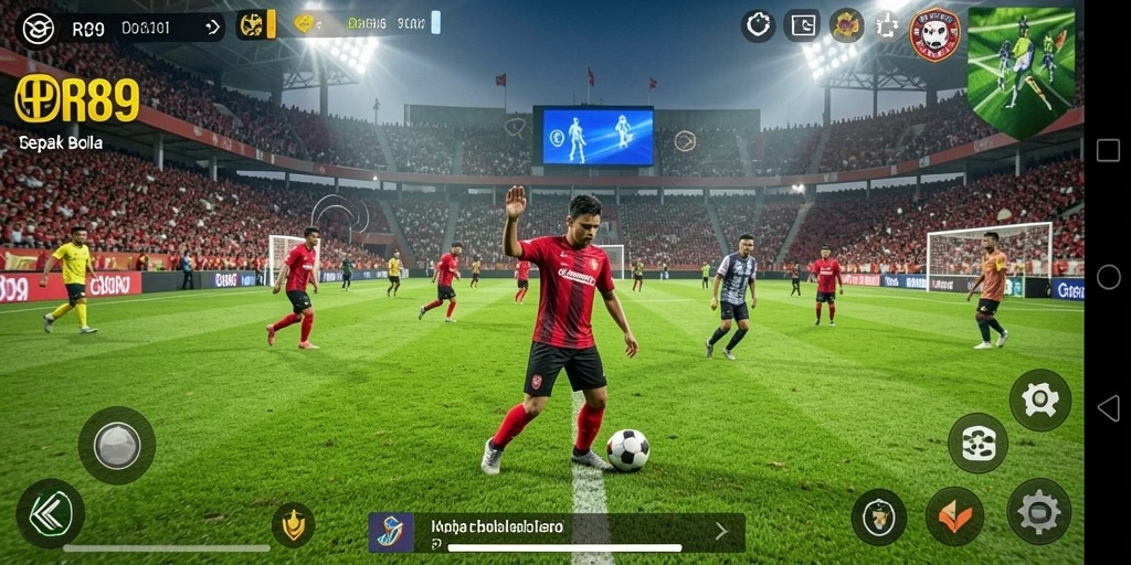 Tangkapan layar gameplay RR89 menunjukkan aksi seru di lapangan sepak bola.