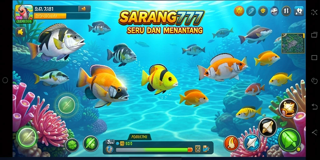 Tampilan gameplay seru dalam SARANG777 yang menampilkan aksi Tembak Ikan.