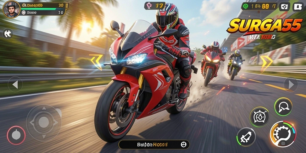 Gameplay seru dari SURGA55 dengan balapan motor yang intens.